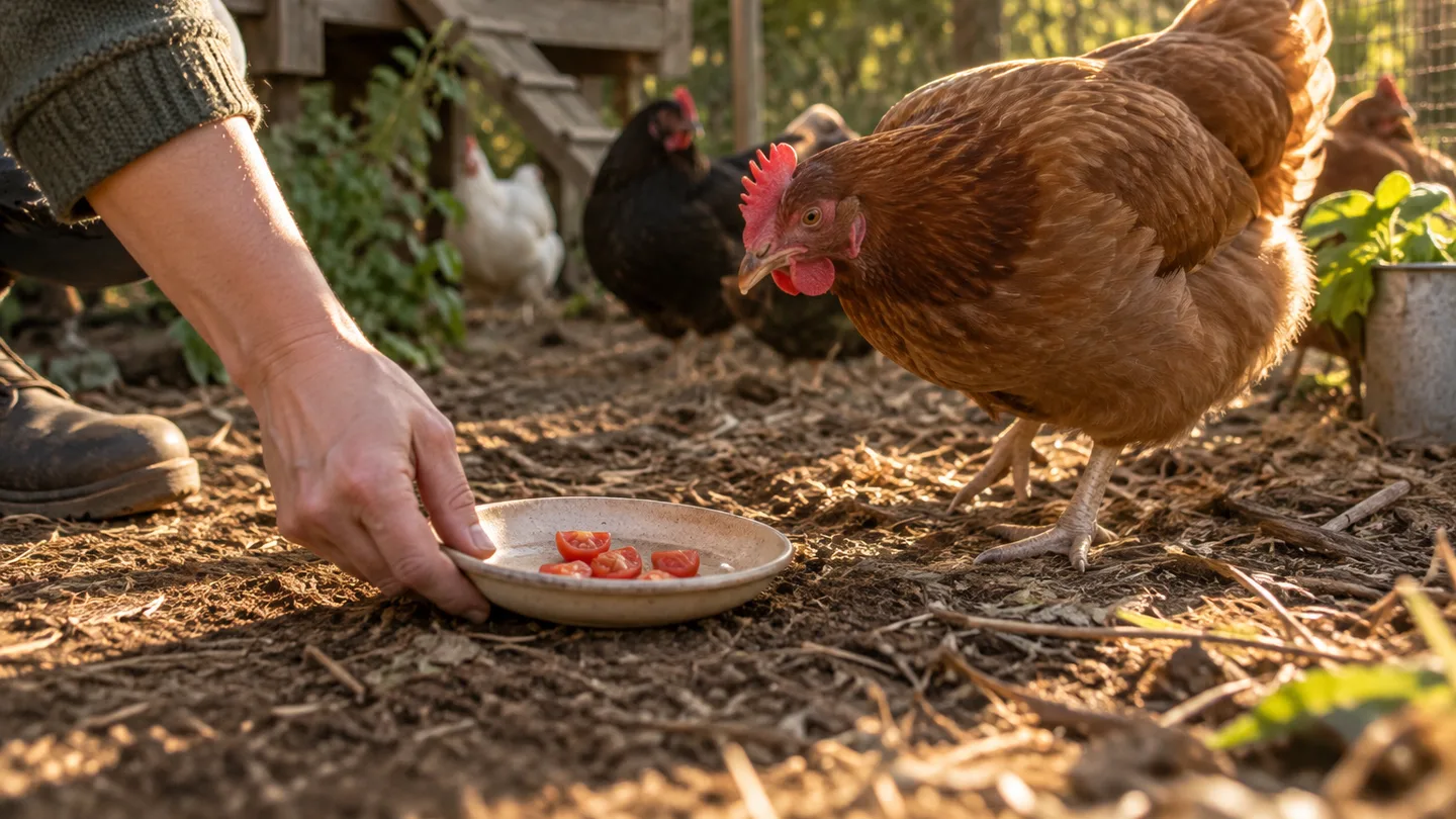 A keeper offers a few pieces of ripe tomato to hens in a backyard run.