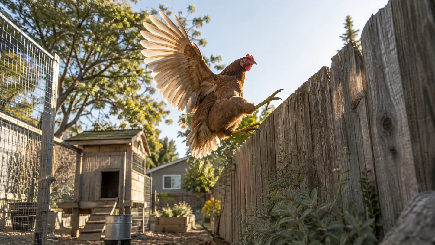 A backyard hen flaps toward a fence beside its run, illustrating a possible route over the enclosure.