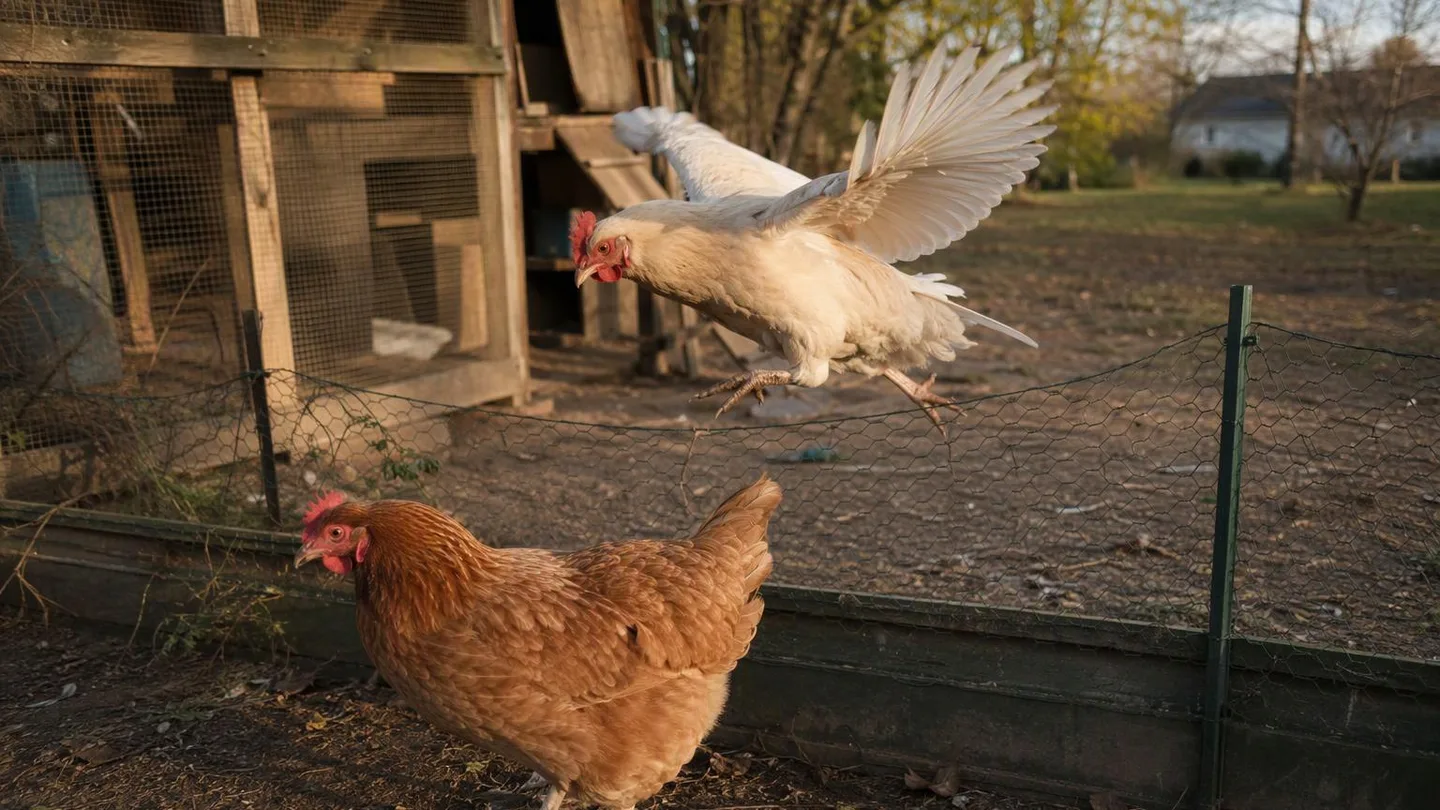A slim hen clears a low fence while a heavier hen stays grounded, showing how body shape affects backyard flight.