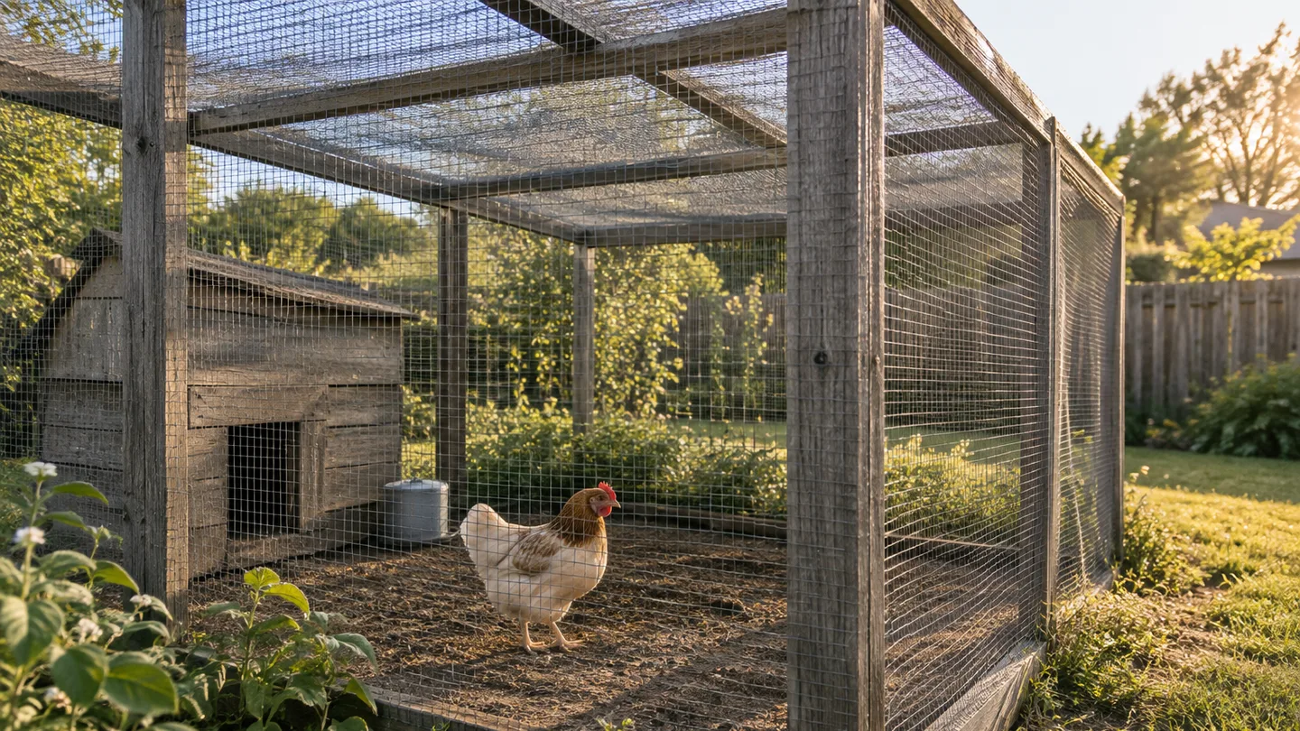 A hen stands beneath the mesh roof of a chicken run, showing the covered enclosure that helps prevent easy escapes.