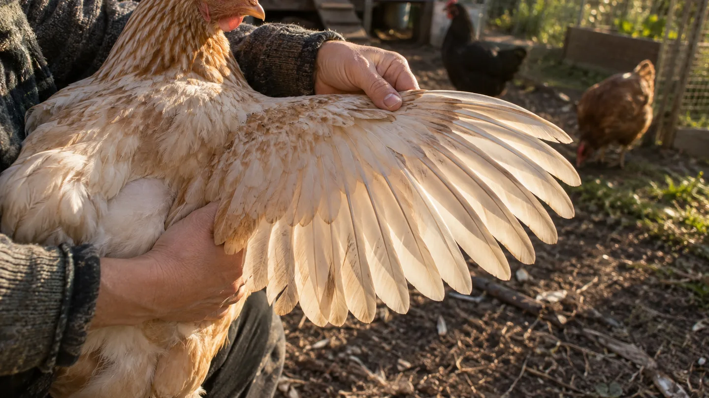 A handler gently spreads a hen’s wing so its long outer feathers can be identified before trimming.