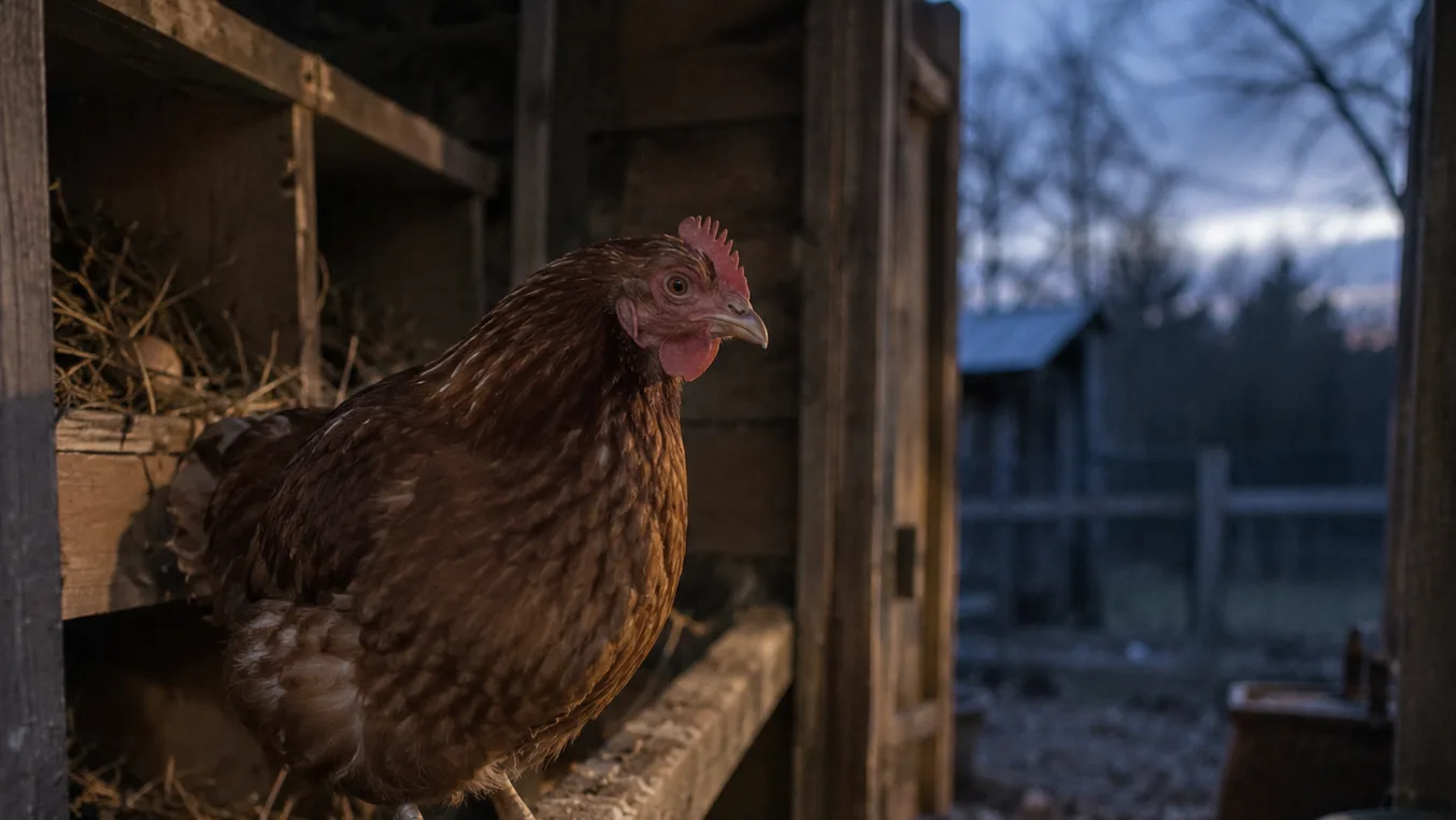 A hen stands on the brighter roost path while the coop entrance stays dim.