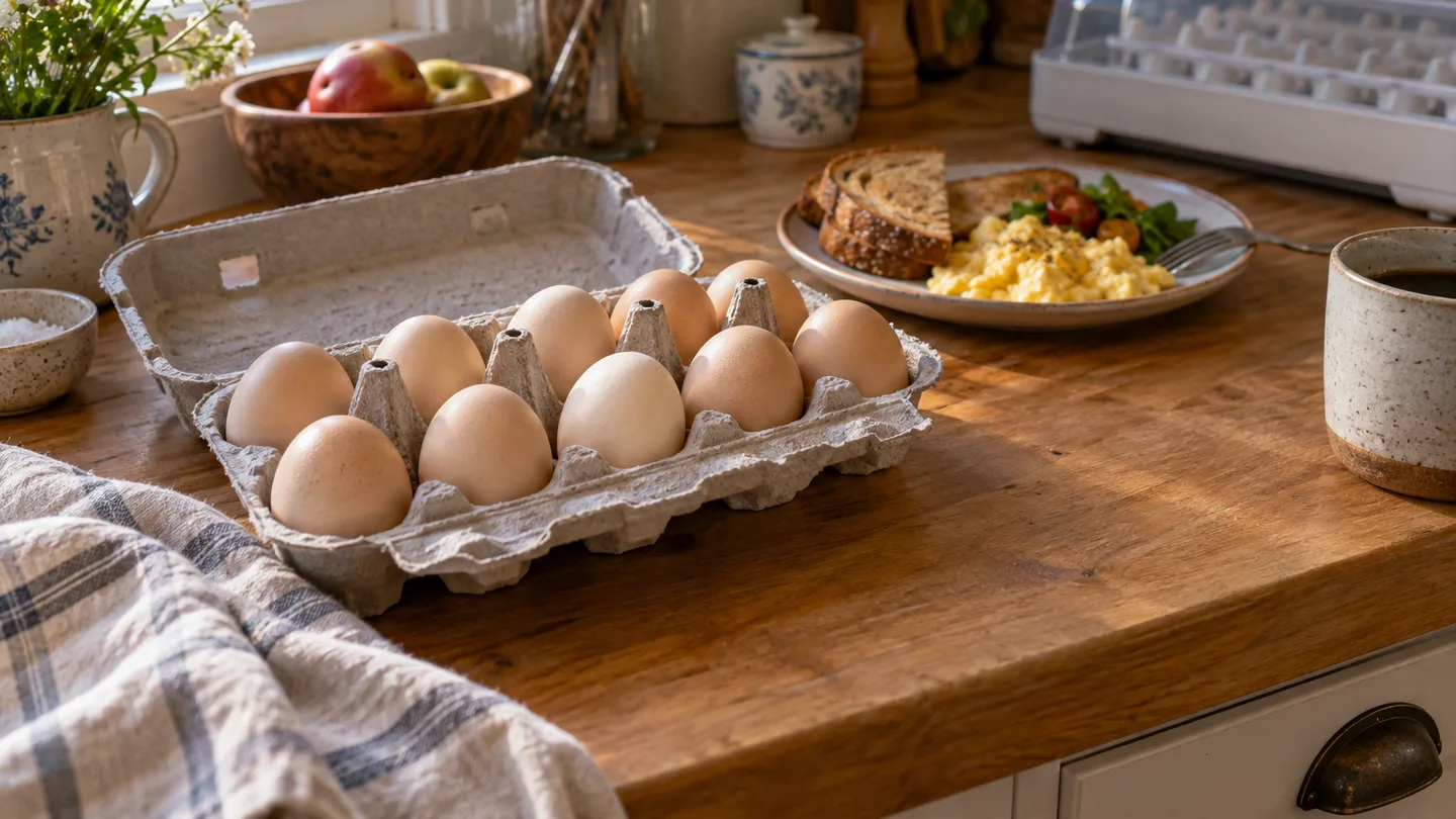 A single intact egg sits among other breakfast eggs in a carton, showing it remains ordinary food before incubation.