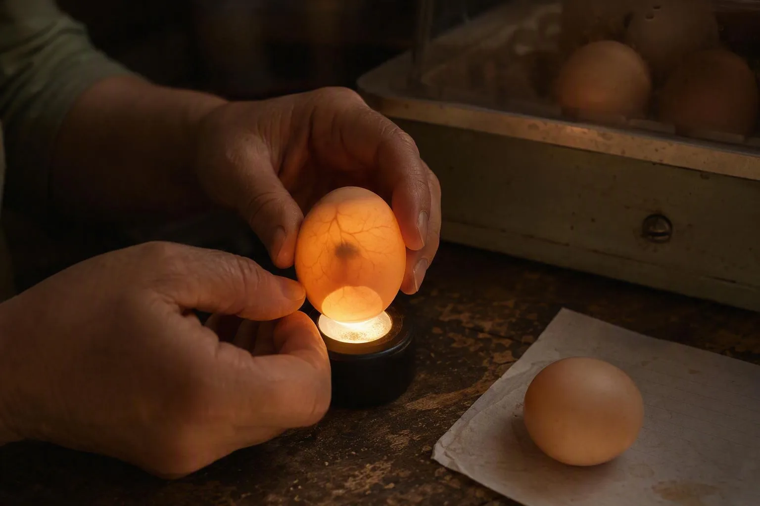 A hand holds a brown egg over a bright candler in a dark room.