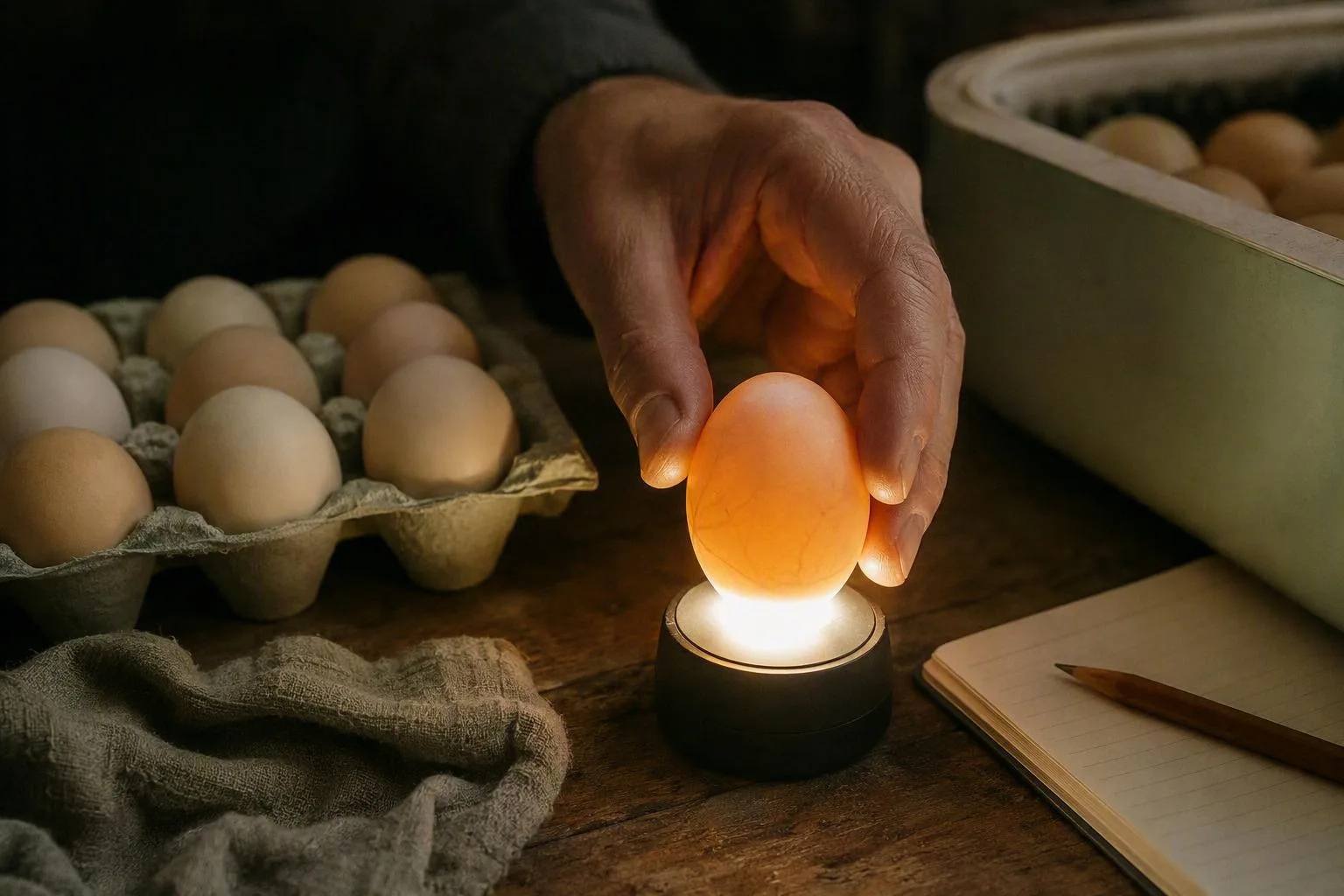 A focused egg candler sits beside an open incubator and marked eggs.
