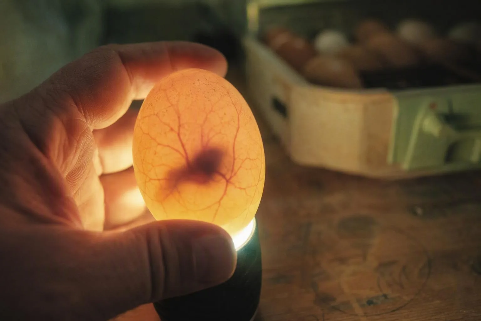 A keeper examines an egg’s branching vessels and developing shadow to judge its progress.
