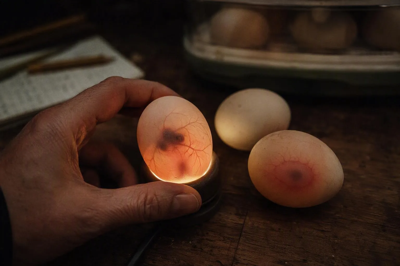 Three eggs reveal clear contents, branching veins, and a blood ring for comparing development.