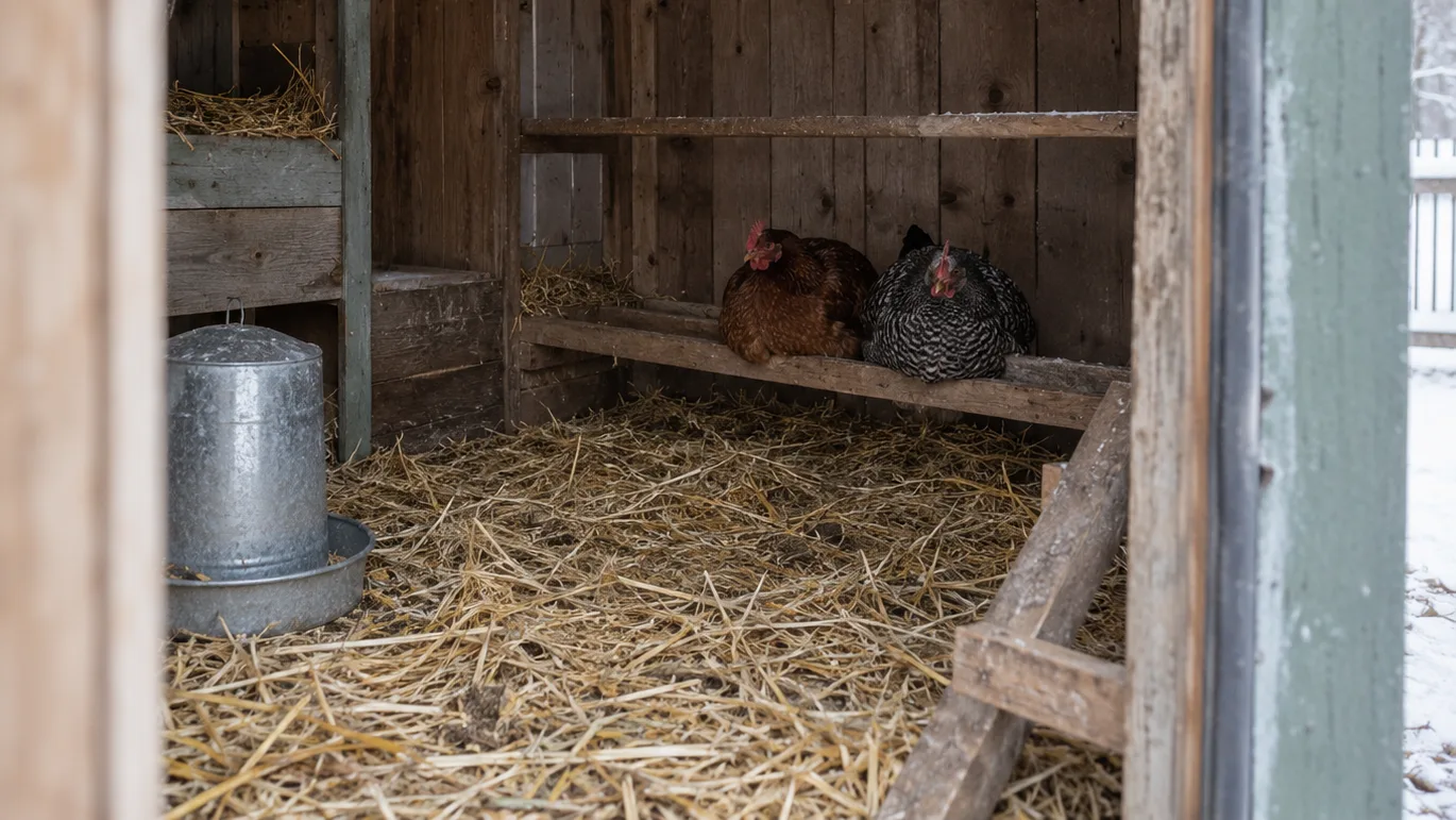 A keeper opens a high coop vent while hens rest on a roost across the sheltered interior.