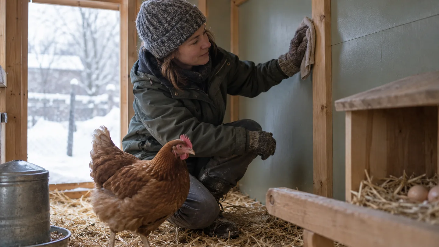 A keeper wipes the finished coop wall while a hen stands nearby.