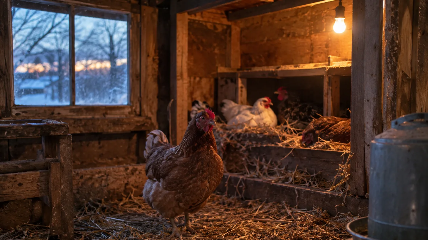 Hens settle on straw beneath a warm coop bulb as winter dusk fades beyond the window.