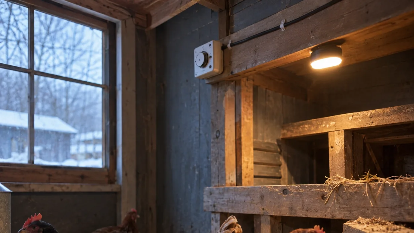 A wall-mounted timer and clipped-up cord keep the coop light safely beyond the hens.
