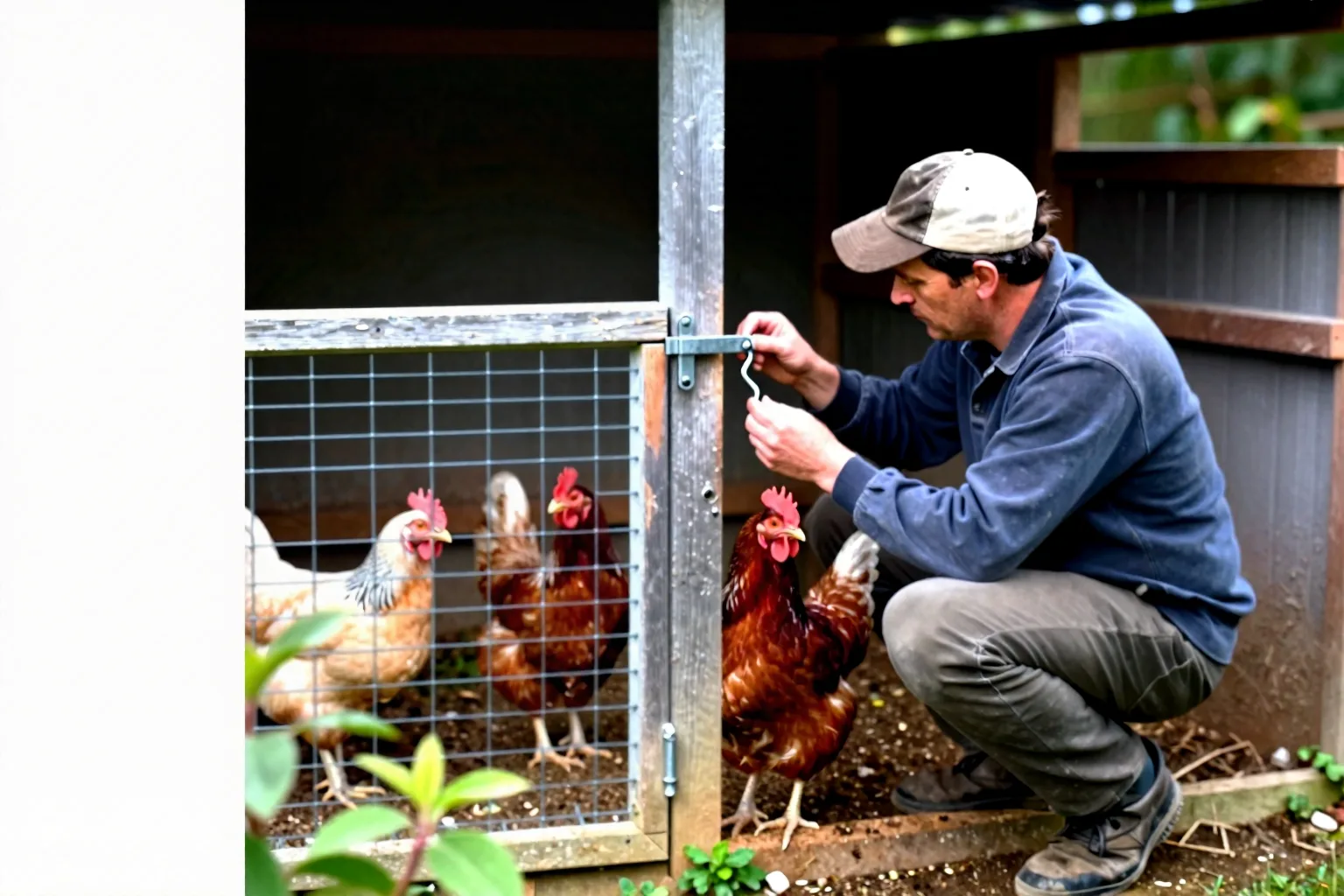 A keeper checks a loose coop door hook while tracing the wire apron around the enclosure.