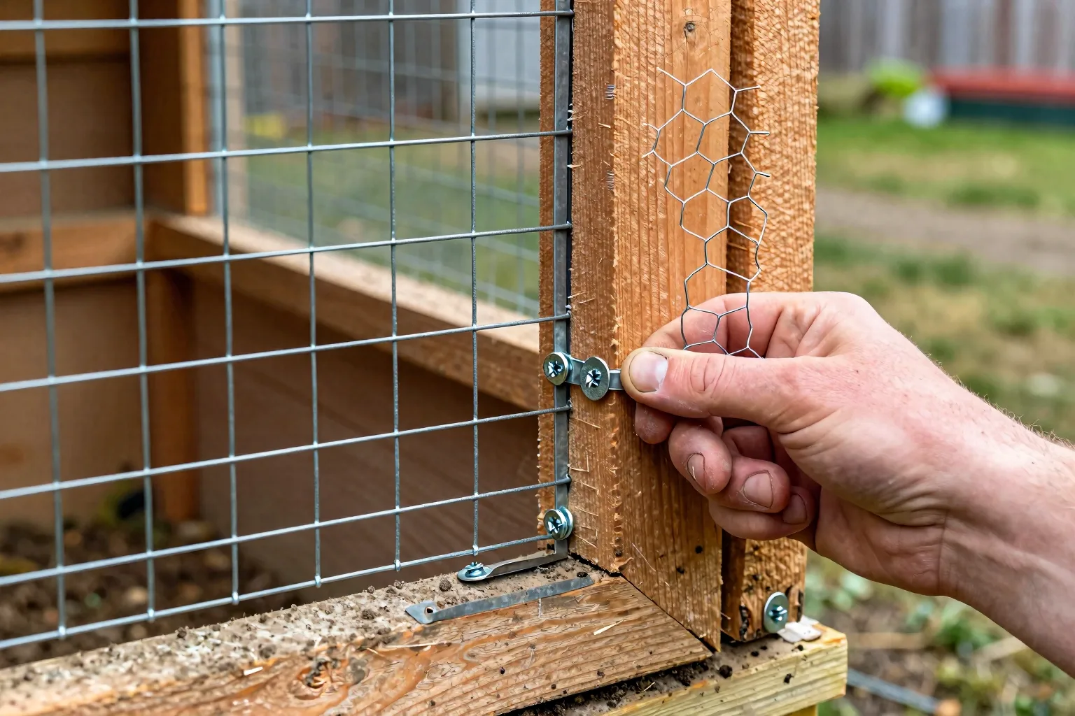 A hand secures square welded mesh to a sturdy coop frame beside loose chicken wire, showing the stronger barrier.