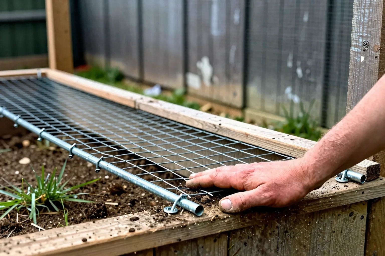 Hardware cloth lies flat beside the run, secured with staples to block animals from digging underneath.