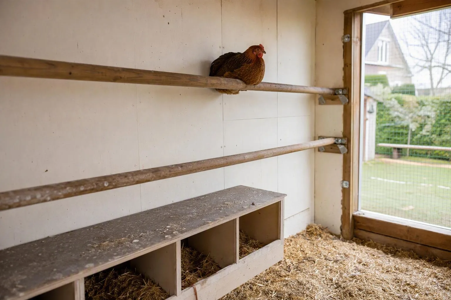 A hen rests on sturdy perches mounted above separate nest boxes inside a backyard coop.