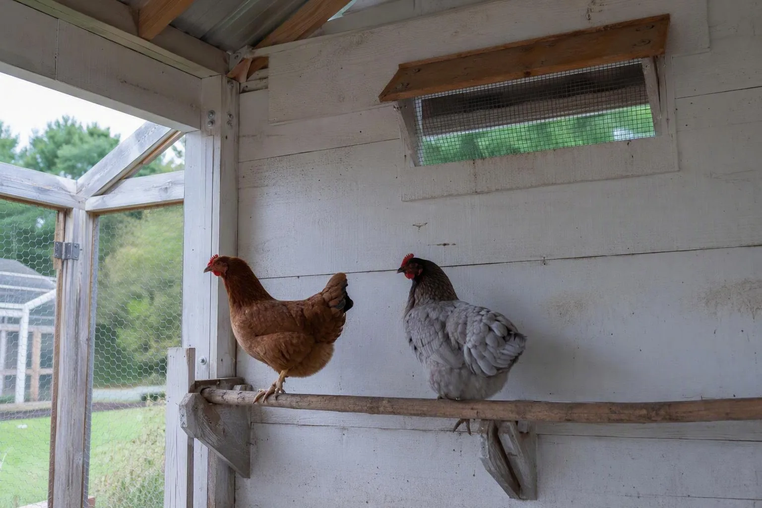 A screened vent sits above resting hens to provide airflow without sending a draft directly onto the roost.