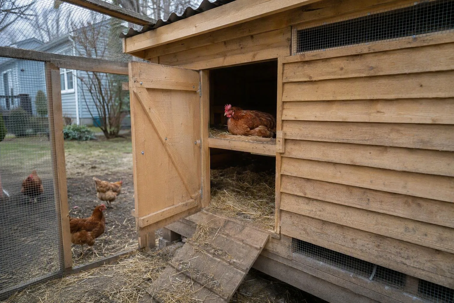 A compact coop shows separate upper and lower vents above a dry, sheltered roost with hens inside.
