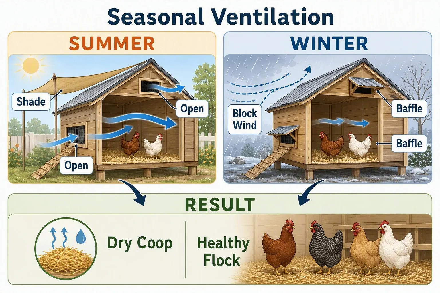 A four-part guide contrasts shaded summer vents with baffled winter openings to keep a coop dry.