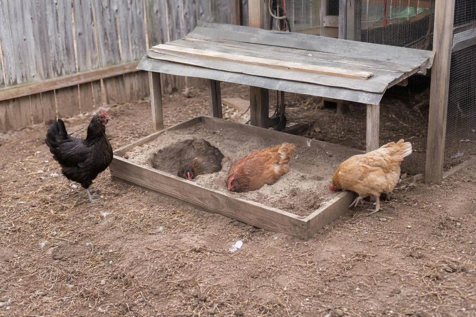A roofed wooden box filled with loose material sits in a shaded chicken run.