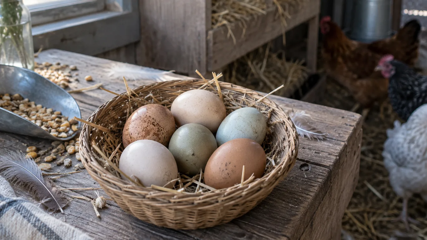 A backyard basket holds six eggs in cream, brown, blue, and green shades beside a coop.