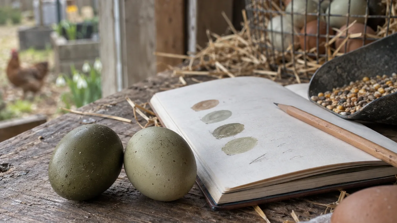 Two olive eggs rest beside a keeper’s color notes on a worn table by a backyard coop.