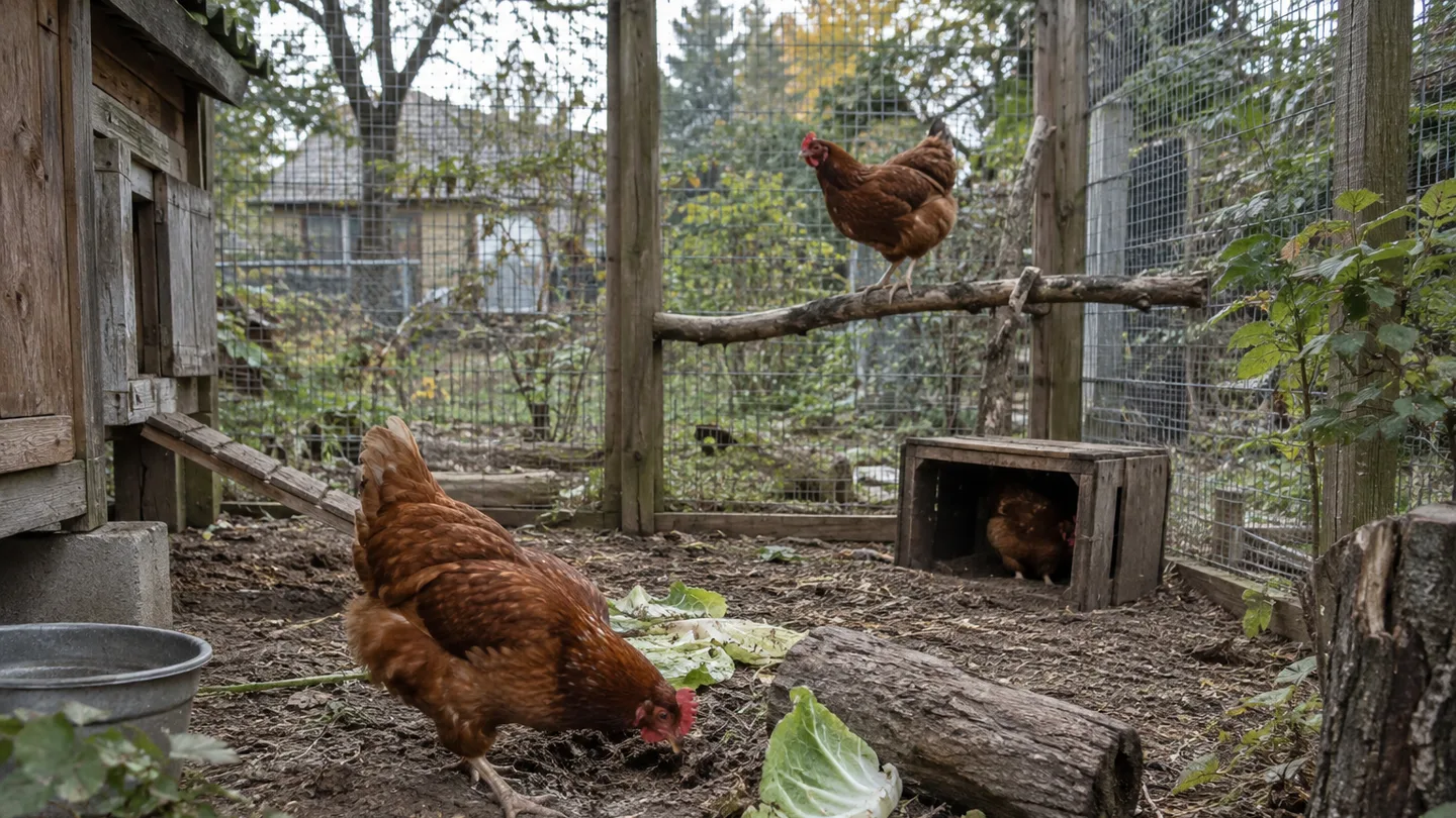 Four hens explore separate scratching, feeding, and resting areas in a compact backyard run.