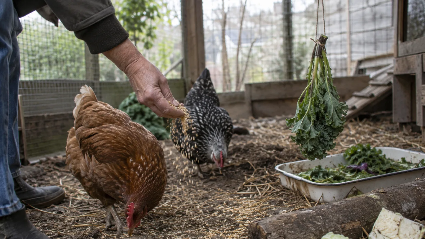 Hens scratch through dry leaves while finding small portions of feed.