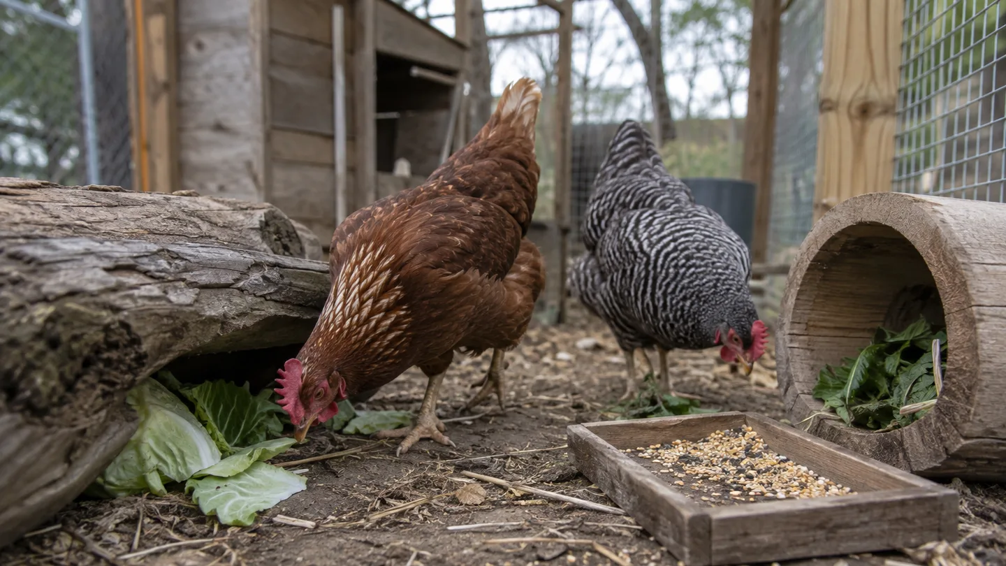 A hen stands on a low rounded perch beneath a hanging leafy green.