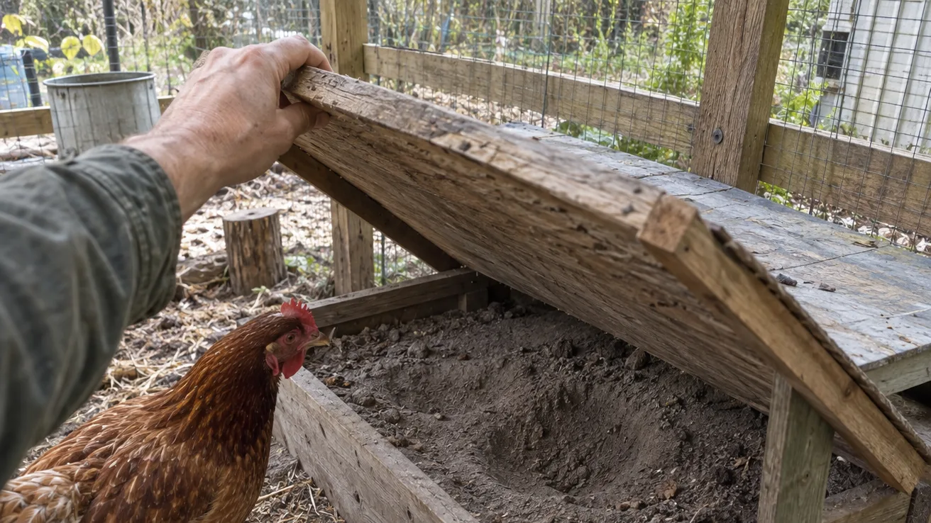 A covered wooden box of dry soil and sand gives a hen a sheltered place to bathe in the run.