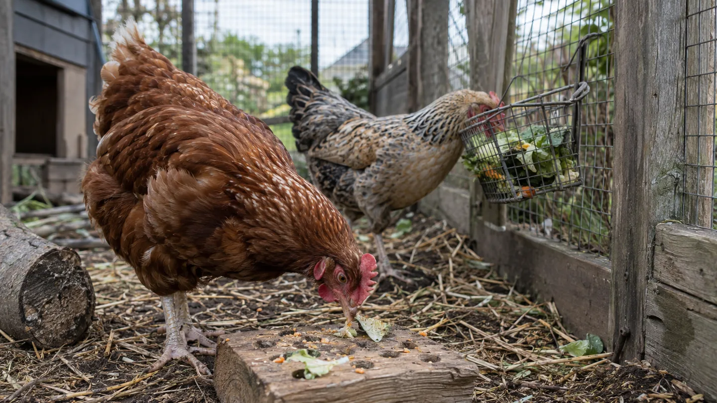 Two hens peck at a rough wooden block and a secured scrap feeder inside a small backyard run.