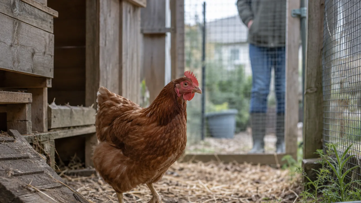 A russet hen pauses with one foot raised as a keeper watches her first steps in the backyard run.