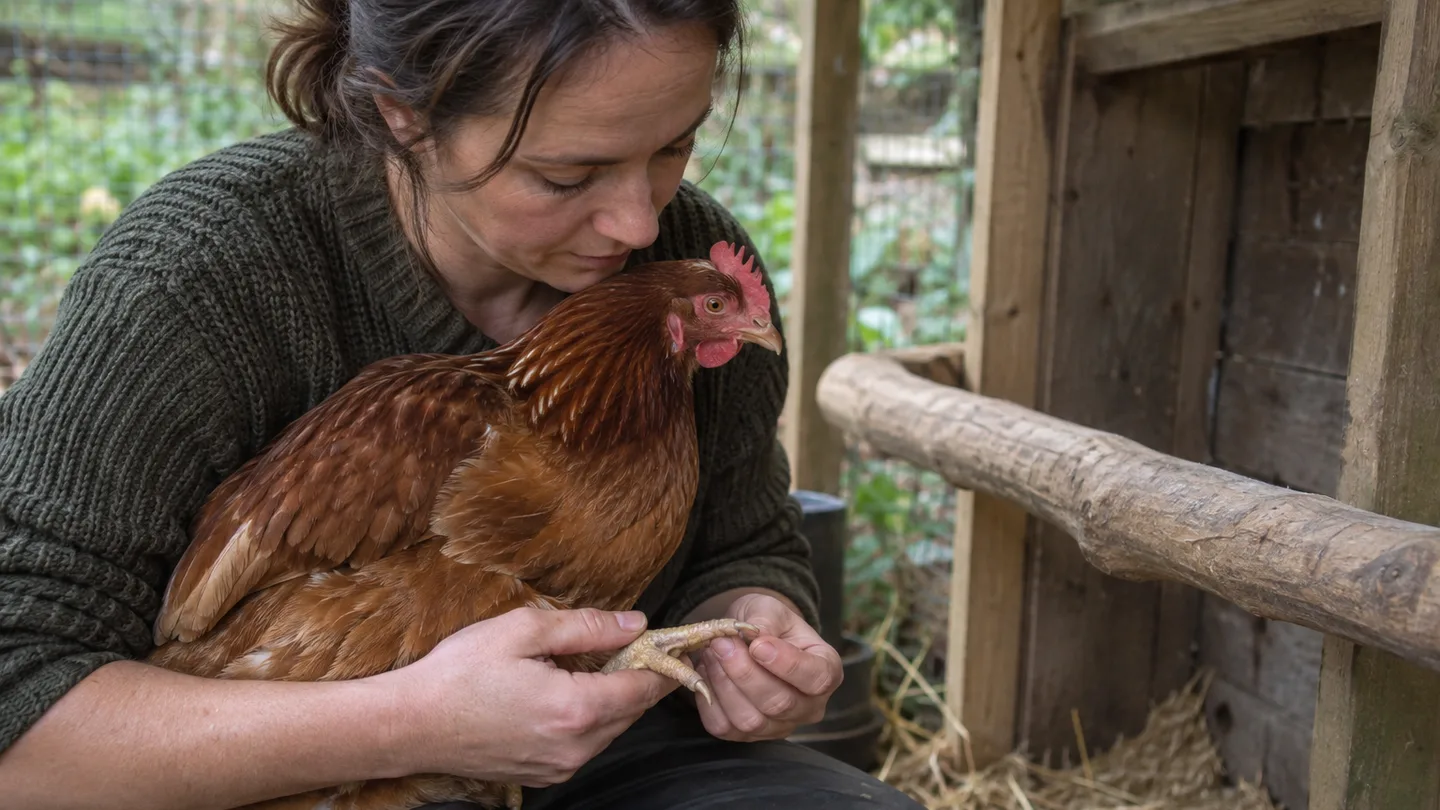 A hand checks a hen’s long toenail beside a smooth wooden perch in a worn chicken run.