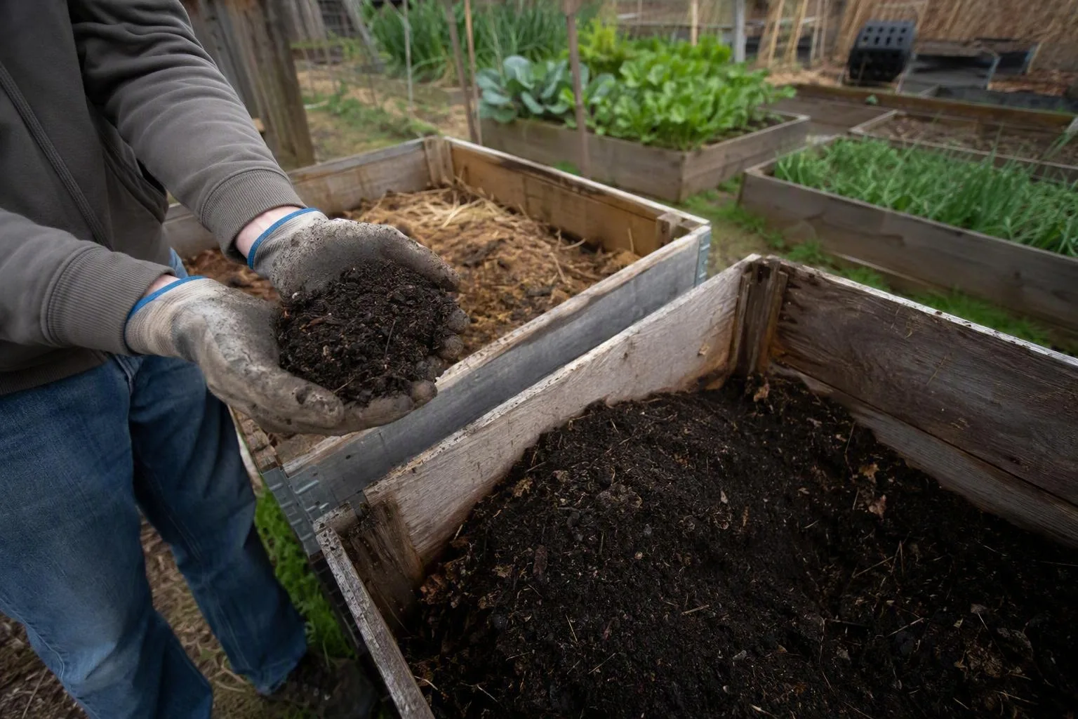 A gardener compares an active manure pile with cool crumbly compost beside leafy raised beds.