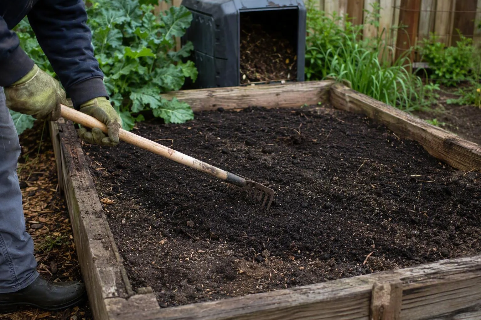 A gloved hand spreads a thin, even layer of finished compost across bare soil in a raised bed.