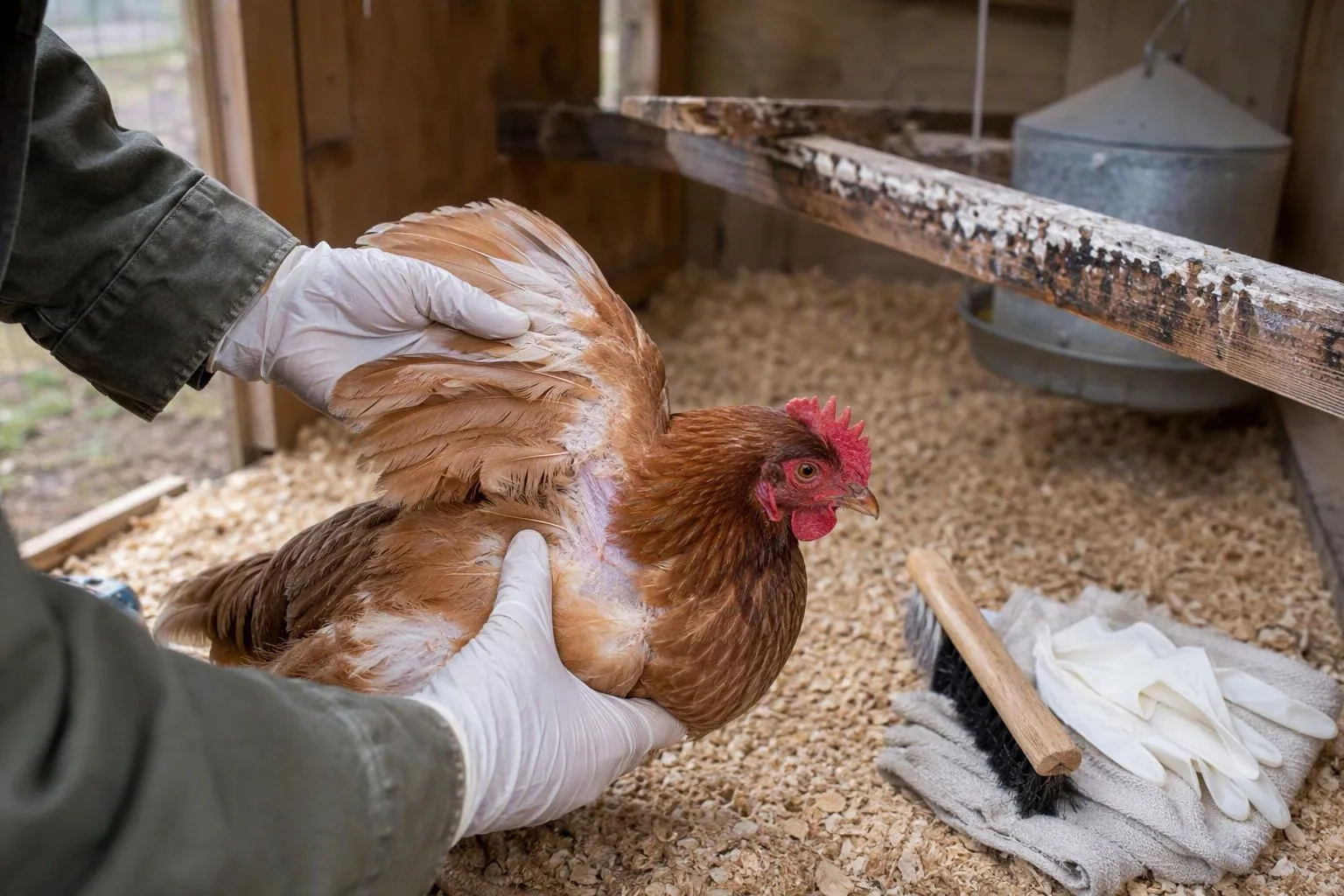 A gloved caretaker checks beneath a hen’s wing in a tidy coop while looking for hidden mites.