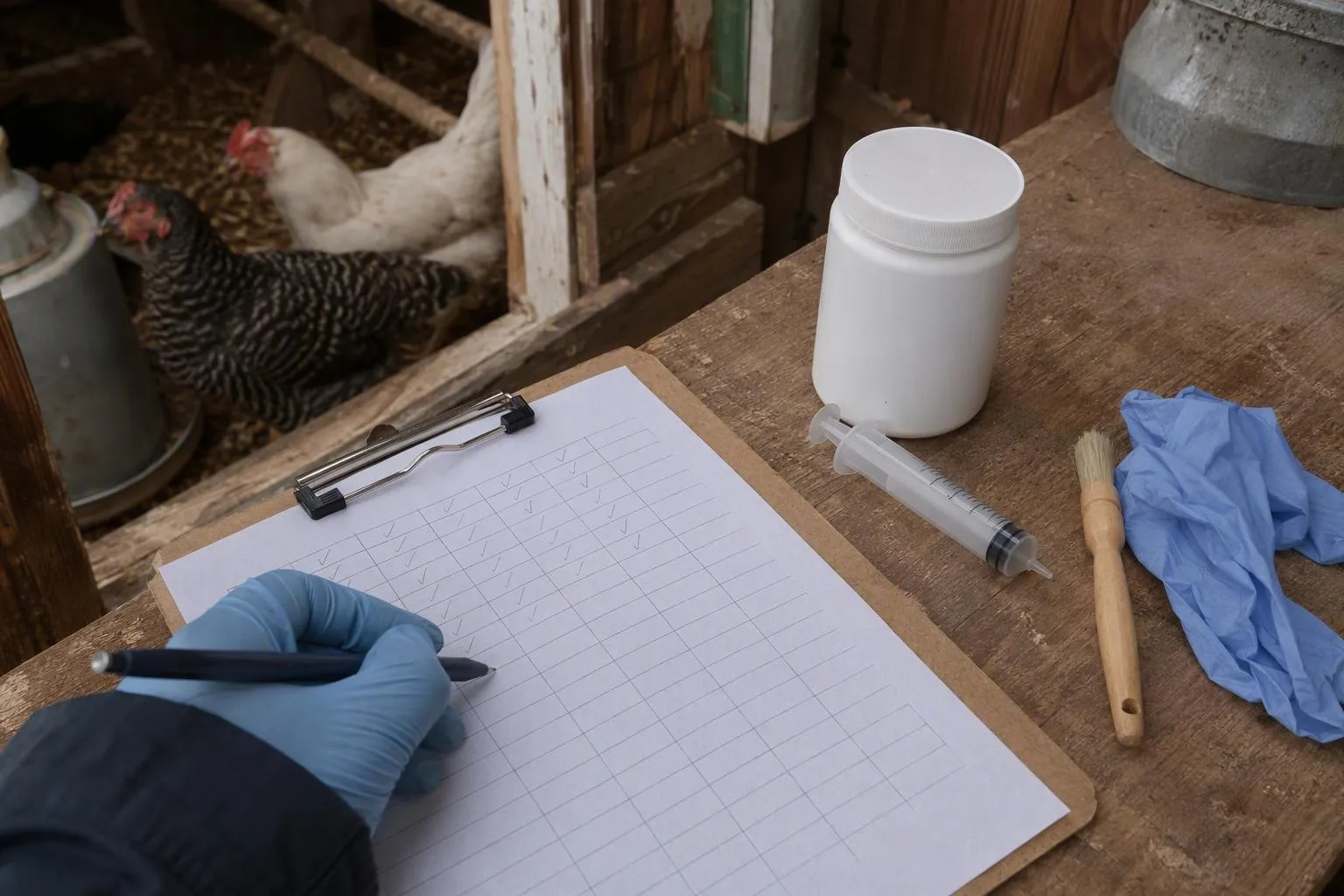 A gloved hand records the next coop inspection beside measured treatment supplies.