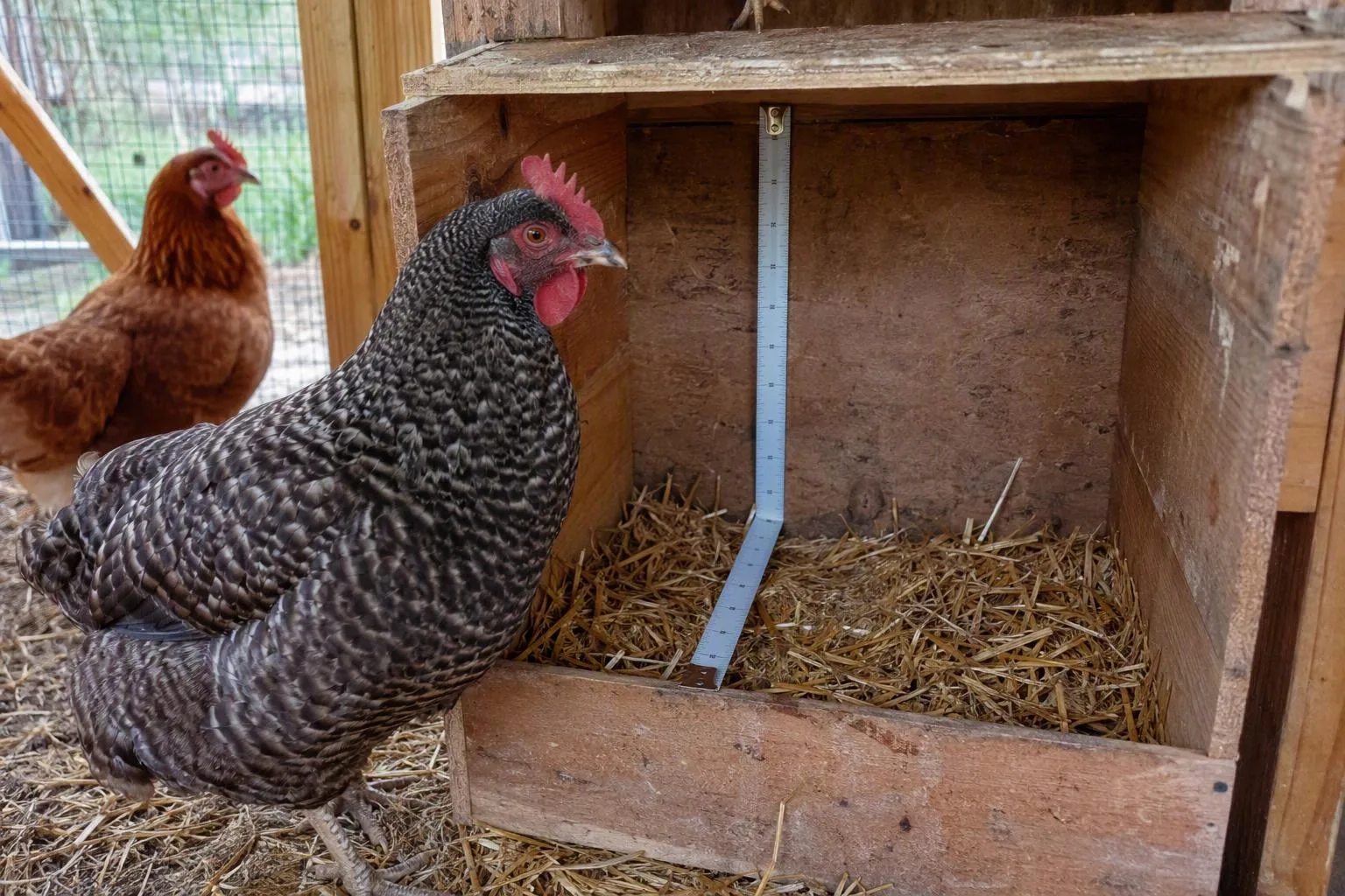A speckled hen stands beside a clean wooden nest box in a backyard coop.