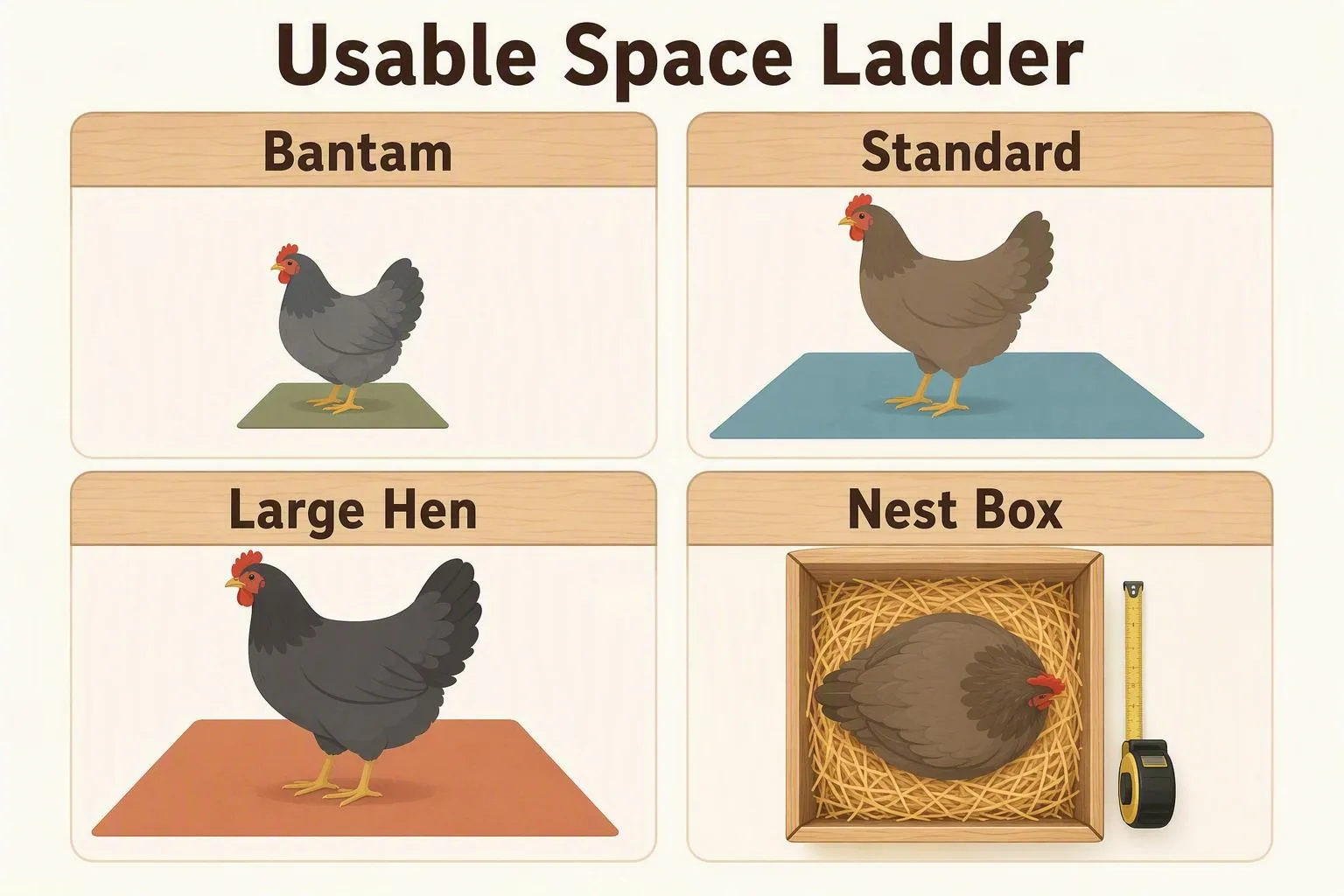 Floor outlines compare a compact bantam nest with roomier boxes for standard and large hens.