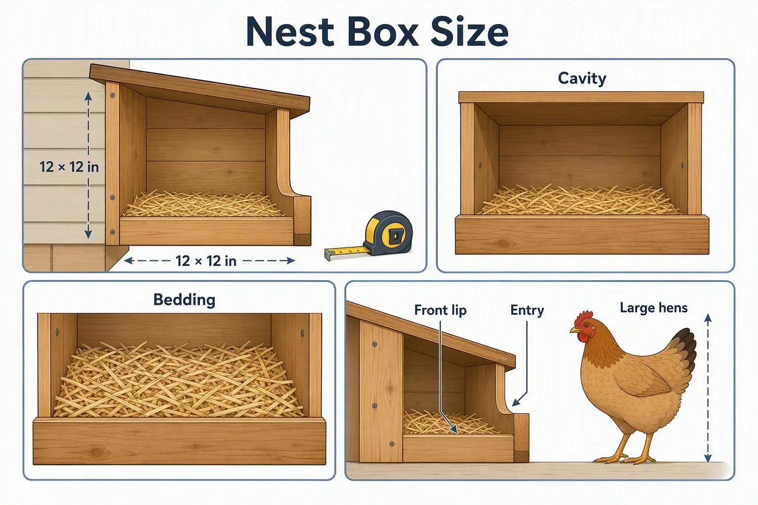 A side cutaway shows a dark straw-lined 12 by 12 inch nest box with a front lip and entry for large hens.