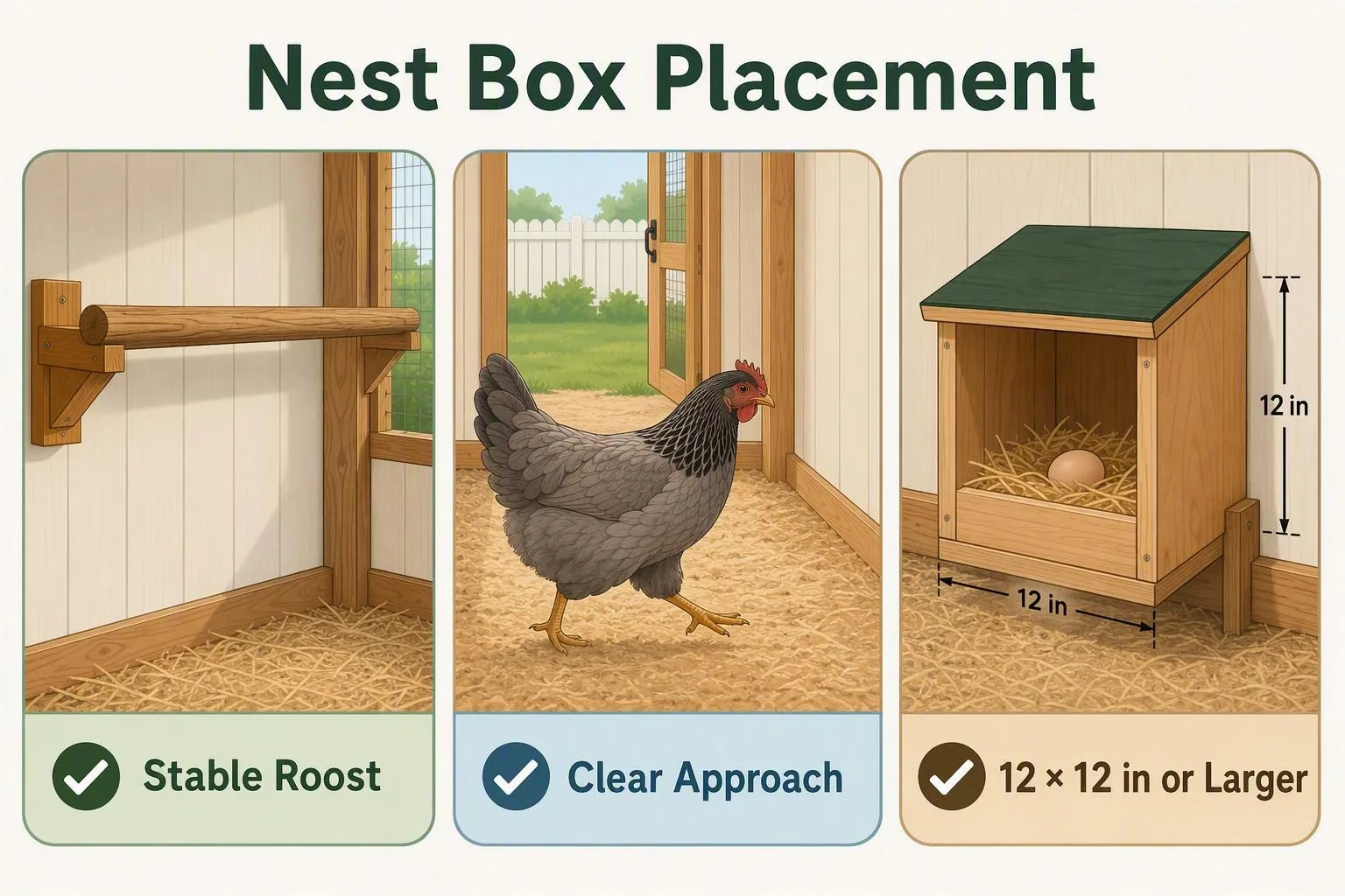 Diagram shows a clear path to a 12-by-12-inch nest box beneath a stable roost for large hens.