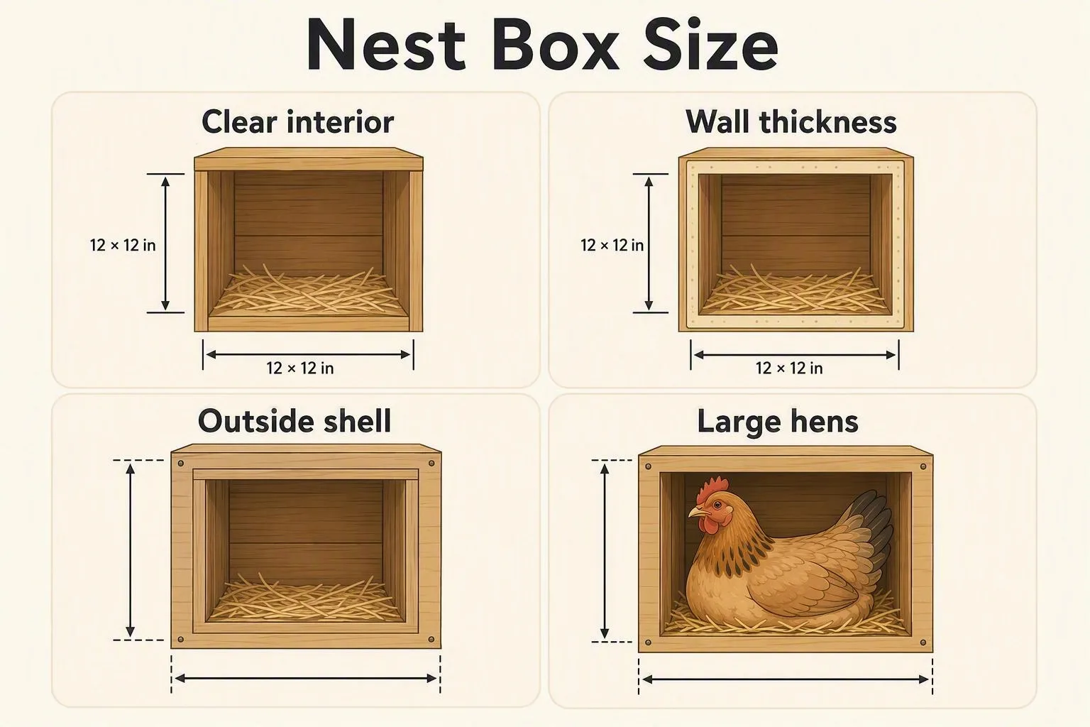 Diagram shows how a 12 by 12 inch clear interior determines the larger outer nest-box shell.