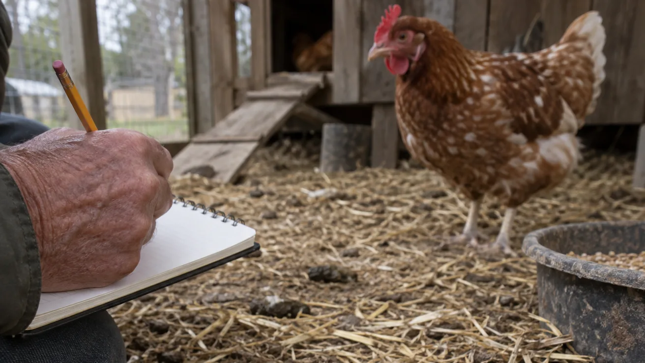 A backyard keeper records a fresh chicken dropping beside a hen to establish the flock’s normal baseline.
