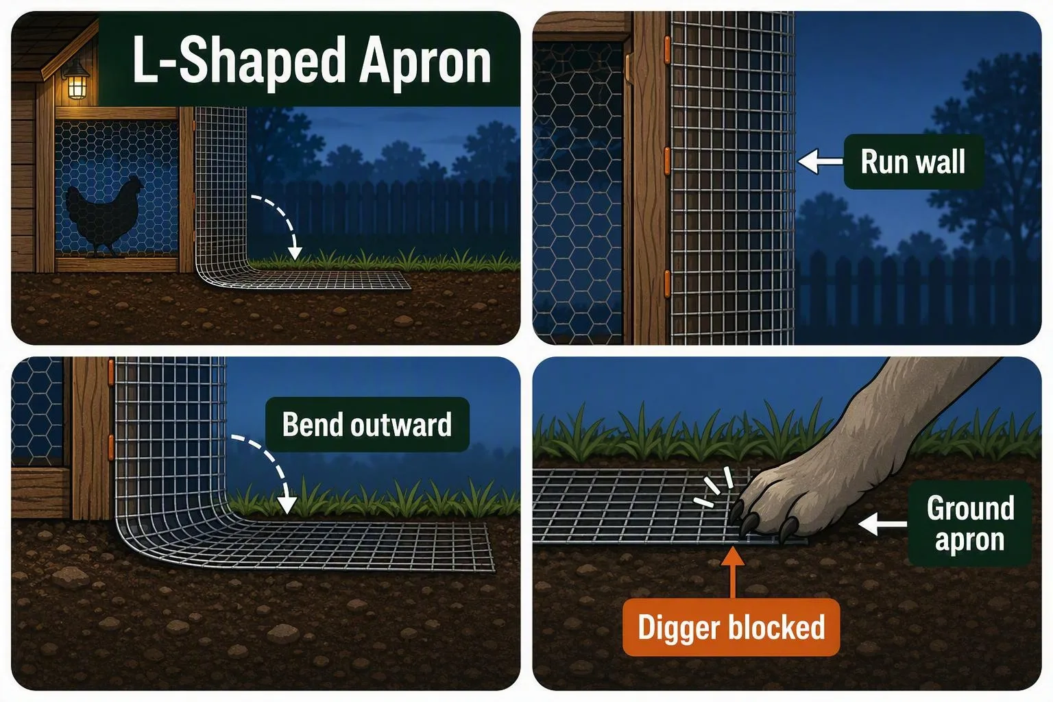A four-part diagram shows a barrier folding along the coop base to stop animals digging underneath.