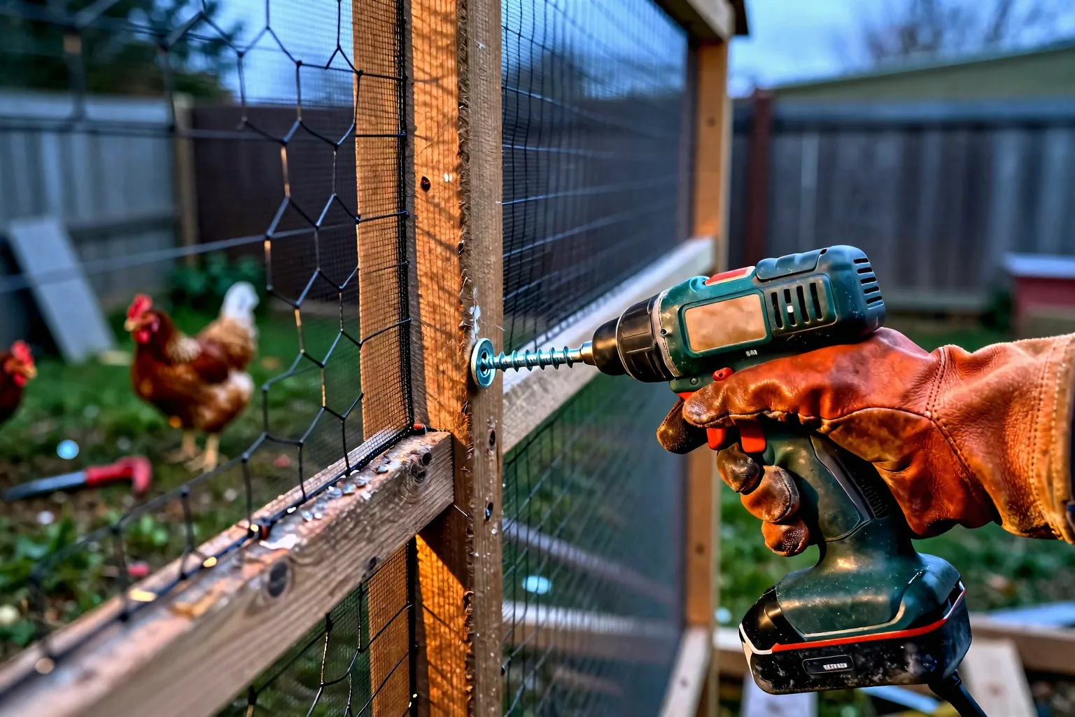A gloved hand secures wire mesh to a wooden coop frame with a screw and wide washer.