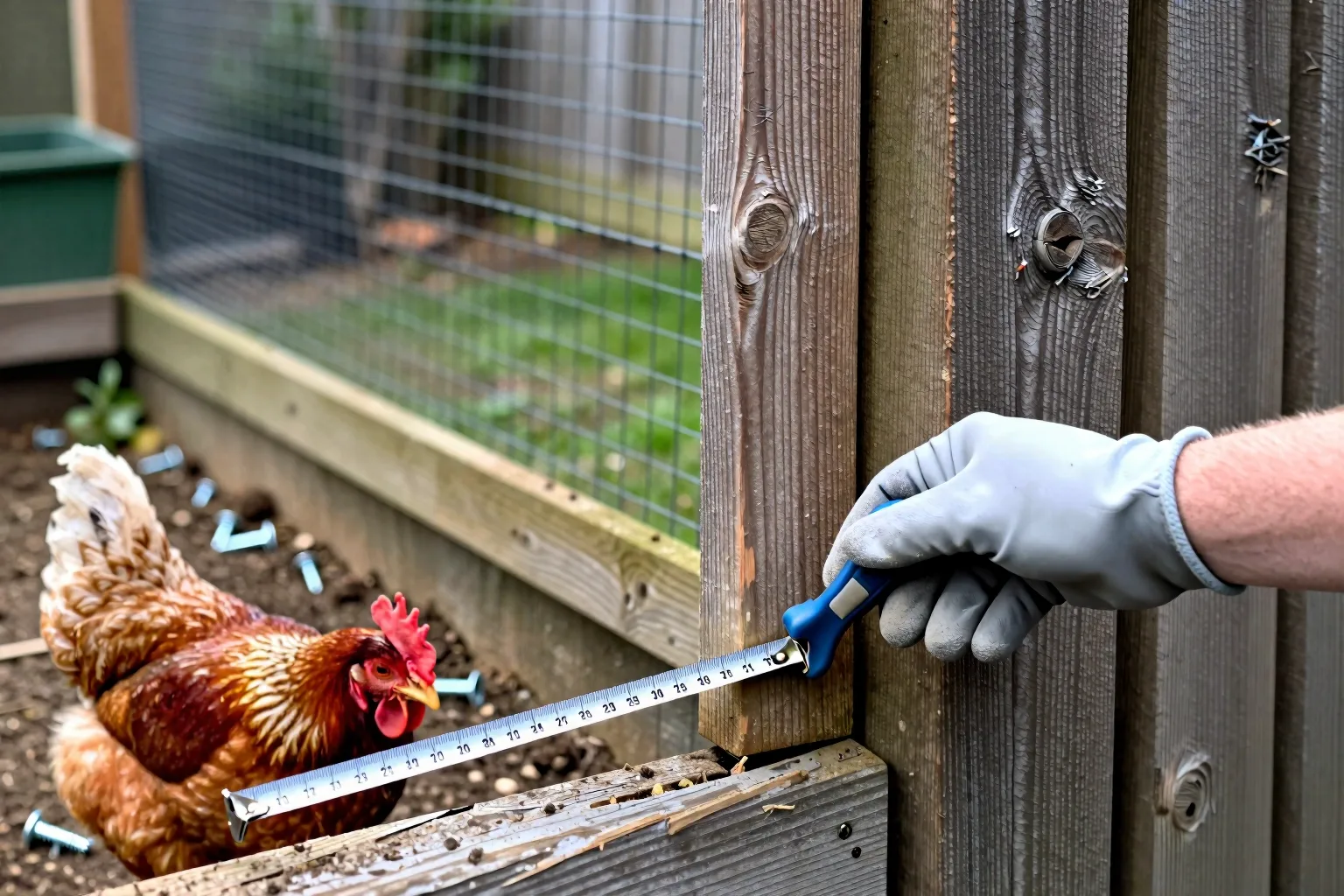A tape measure checks the gap beneath a timber chicken-run gate.