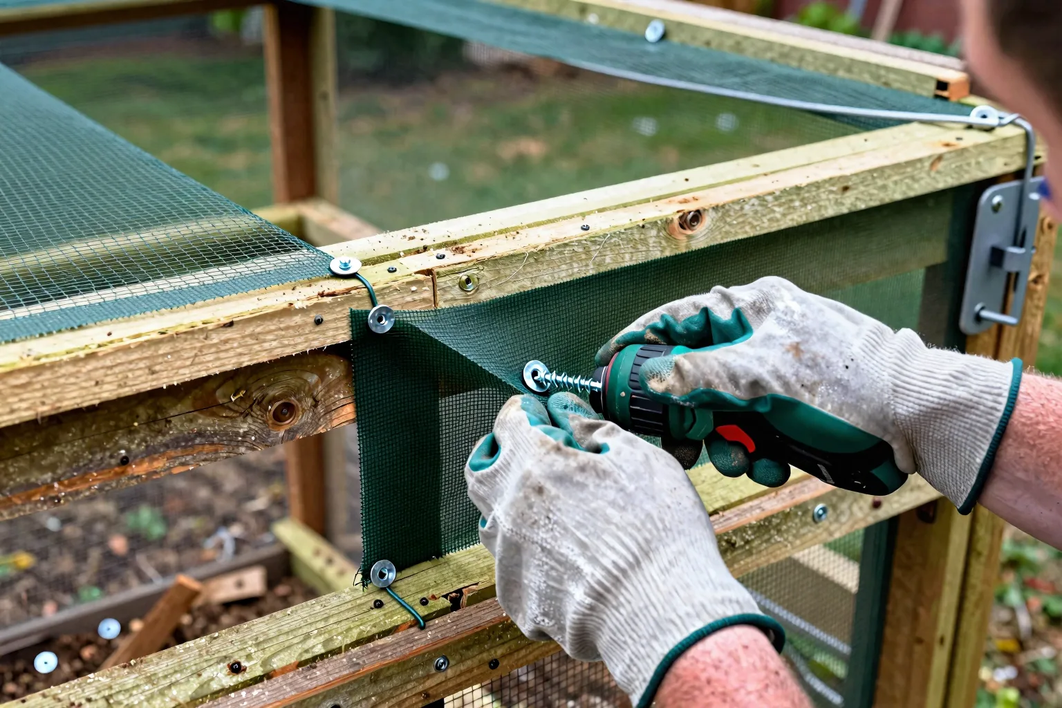 Welded hardware cloth is secured to timber framing with screws and washers.