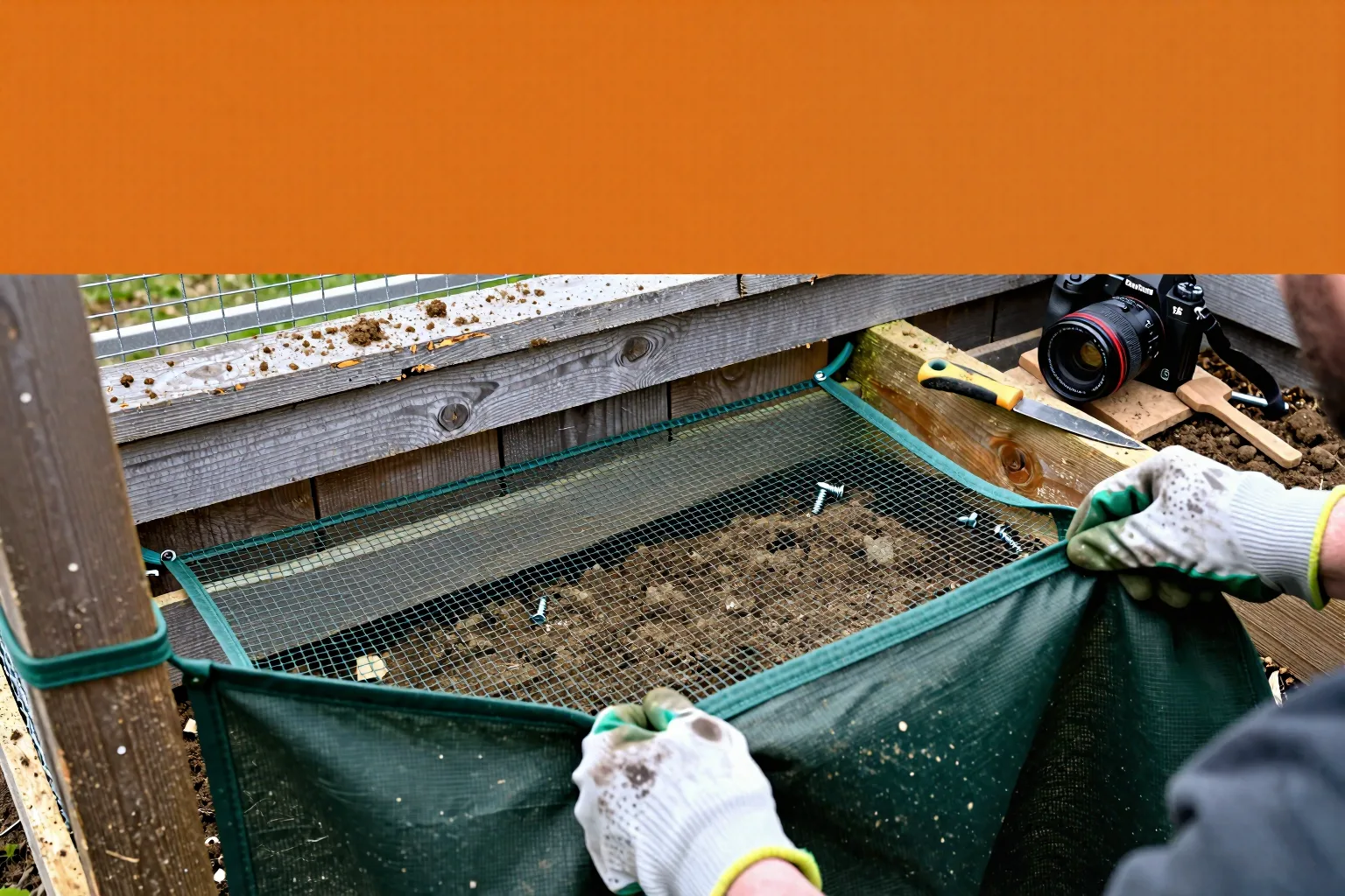 Ground-apron mesh lies flat beside a chicken-run wall before being covered.