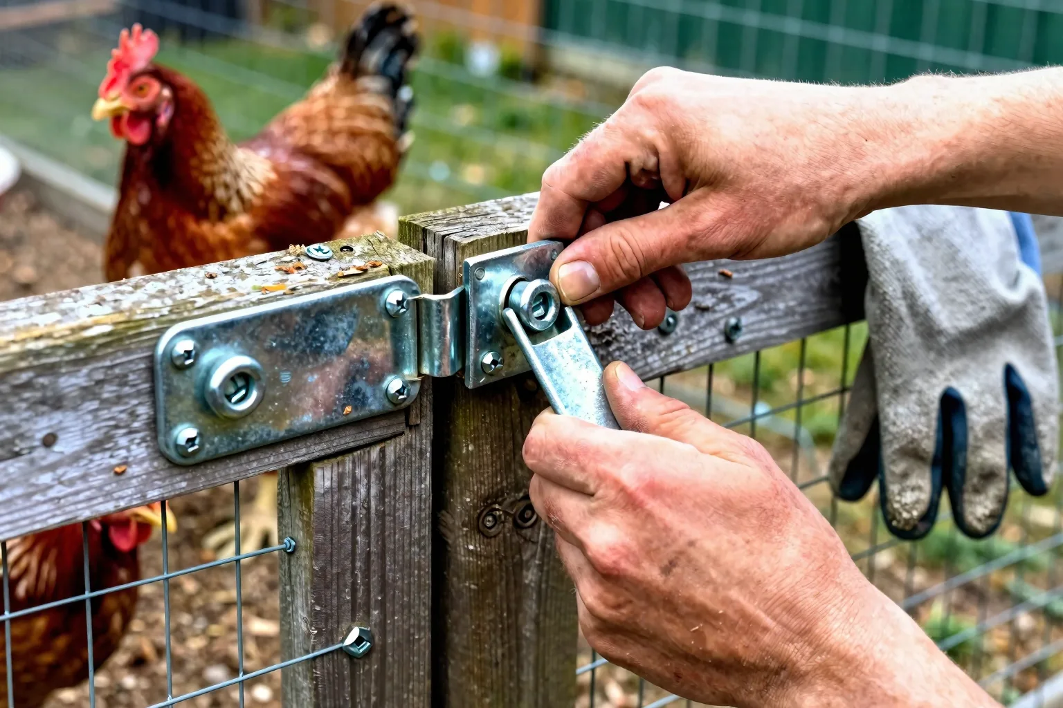 Hands secure an upper slide and lower latch on a rigid chicken-run gate to block predators.