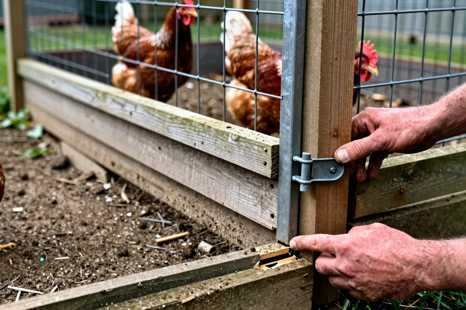 A hand checks a narrow gap beneath a weathered chicken-run gate where a predator could enter.