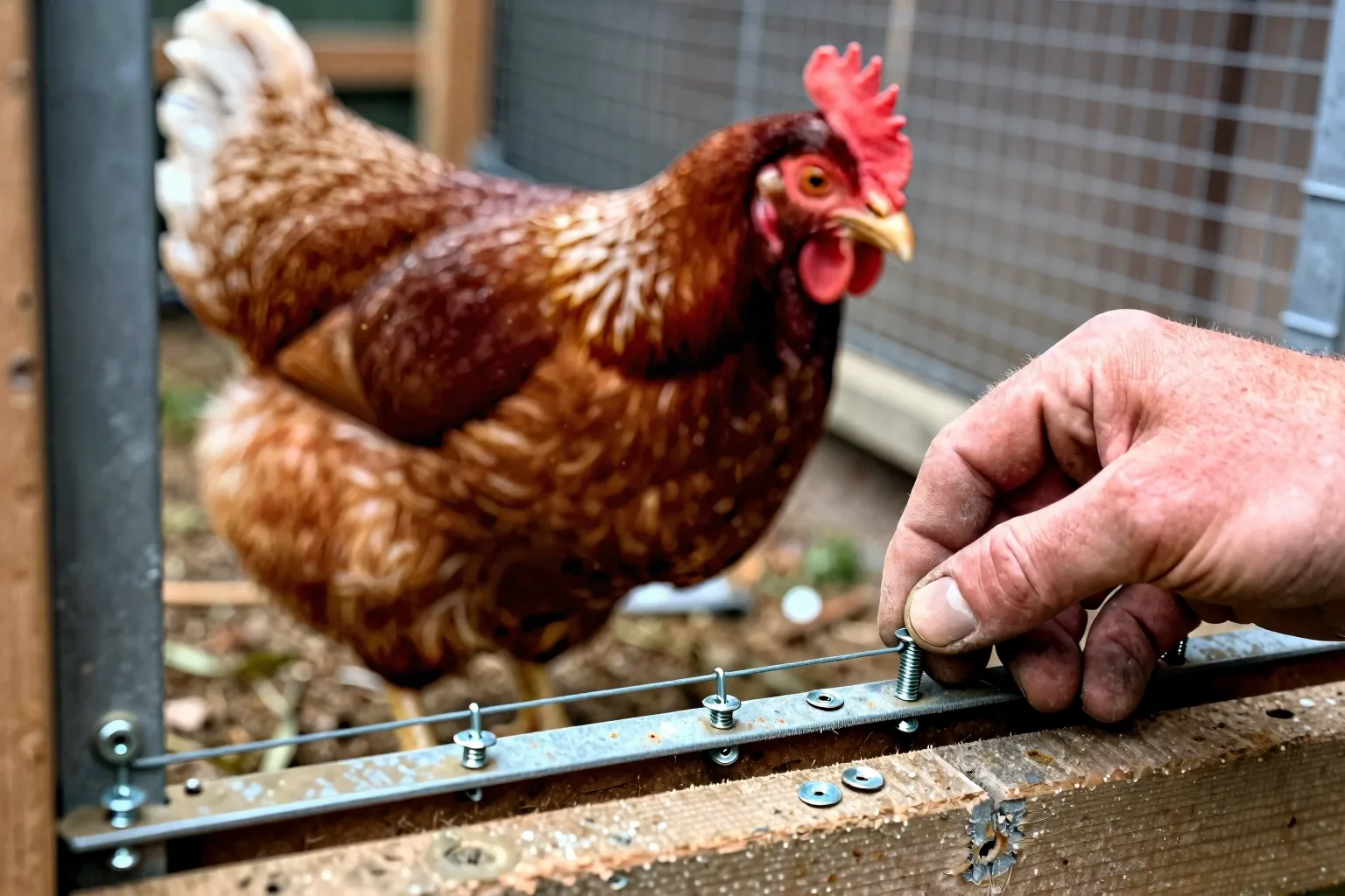 A hand secures tight wire mesh to a cedar frame, closing gaps that could let predators reach the chickens.